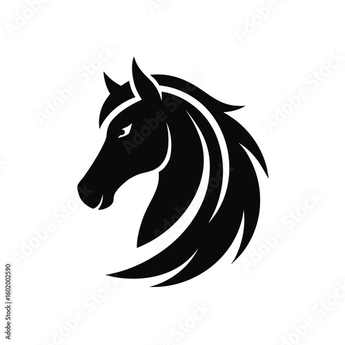 Horse head minimal icon with long flowing mane line shown on white background
