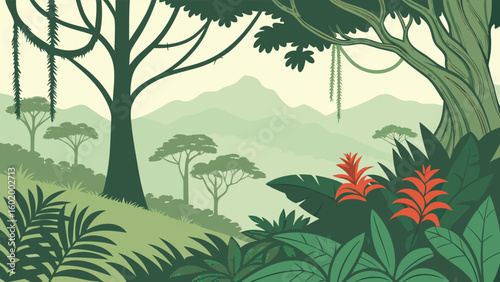 Lush Rainforest Landscape with Dense Tropical Vegetation and Vibrant Greenery
