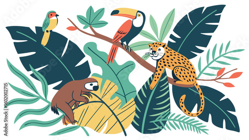 Rainforest Animals Collage Featuring Diverse Wildlife in Tropical Habitat