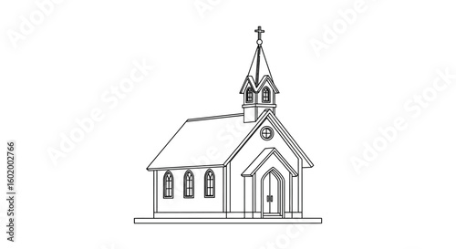 Simple black and white line art of a traditional church building with a steeple and cross, isolated on a white background.