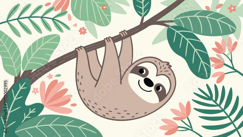 Sloth in the Jungle Hanging from Tree in Tropical Rainforest Habitat