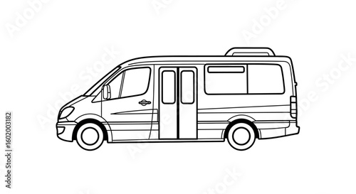 Monochrome Vector Graphic of a Modern Passenger Van with Side Doors Ajar, Symbolizing Mobility, Logistics, and Service Delivery