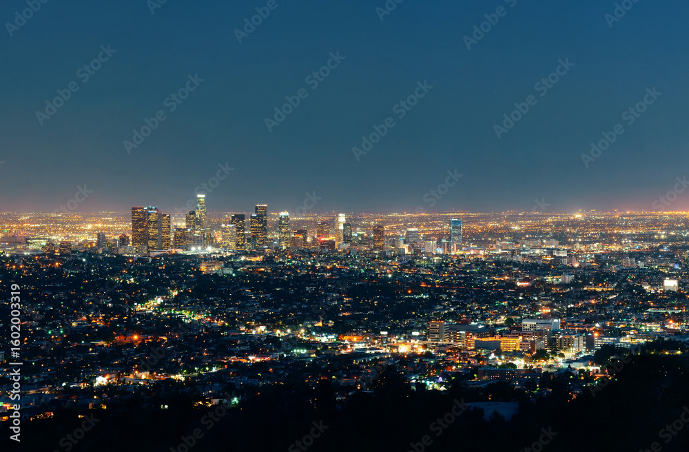 Obraz premium Los angeles at night with urban buildings. USA, New York City, New York, Aerial view of illuminated skyline at night.