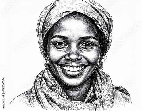 Detailed Pen and Ink Portrait Illustration of a Smiling African Woman with Headscarf