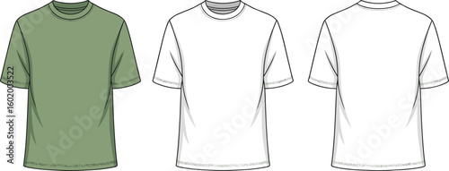 Cad drawing flat vector illustration, front and back view, short sleeve crew neck t-shirt template, technical fashion sketch design layout