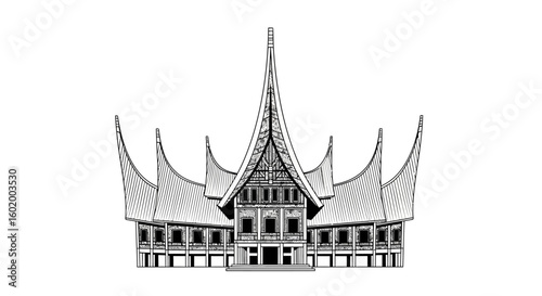 Detailed illustration of a majestic traditional Southeast Asian ancestral house, showcasing unique regional architectural heritage and cultural identity, symbolizing history and tradition.