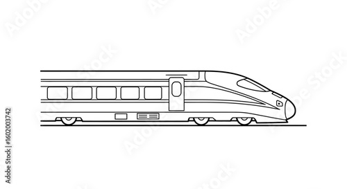 Side profile illustration of a modern high-speed train. A minimalist line art vector representing rapid transit and futuristic railway technology.