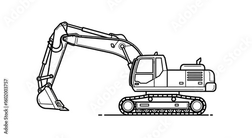 Excavator heavy machinery line art illustration. Construction vehicle crawler digger icon isolated on white background.