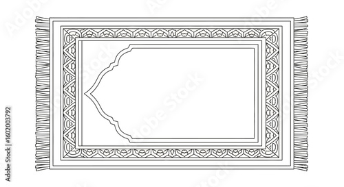 Traditional Islamic prayer rug with ornamental arch design. Black and white line art illustration of a sajadah mat for Muslim worship.