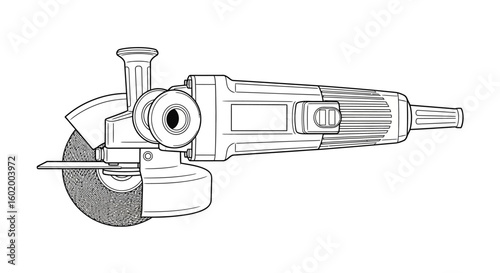 A black and white line drawing of an industrial angle grinder, a powerful handheld tool used for workshop tasks