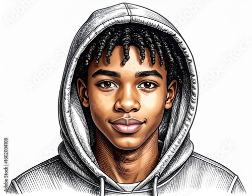 Portrait of a Stylish Young Black Man with Braids and Hoodie, Detailed Line Art Illustration on White Background