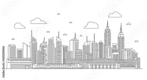 Minimalist urban landscape vector illustration. Outline drawing of a modern city skyline with skyscrapers and a monorail.