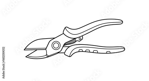 Simple line art illustration of garden pruning shears. A minimalist icon of a secateur tool for horticulture and plant care.