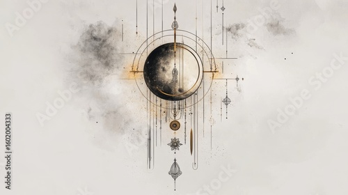 Celestial design featuring moon and geometric elements on a light background