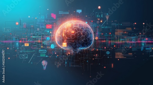 High-tech visualization of a brain with digital data streams and analytics graphics in a futuristic setting