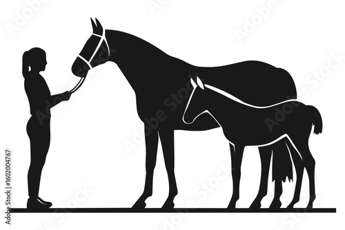 Silhouette of a woman holding a mare with a foal standing beside, all in a minimalistic black and white style
