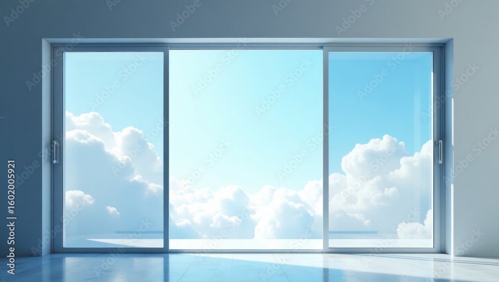 Fototapeta premium Wide sliding doors with a view of a vast sky filled with fluffy clouds.