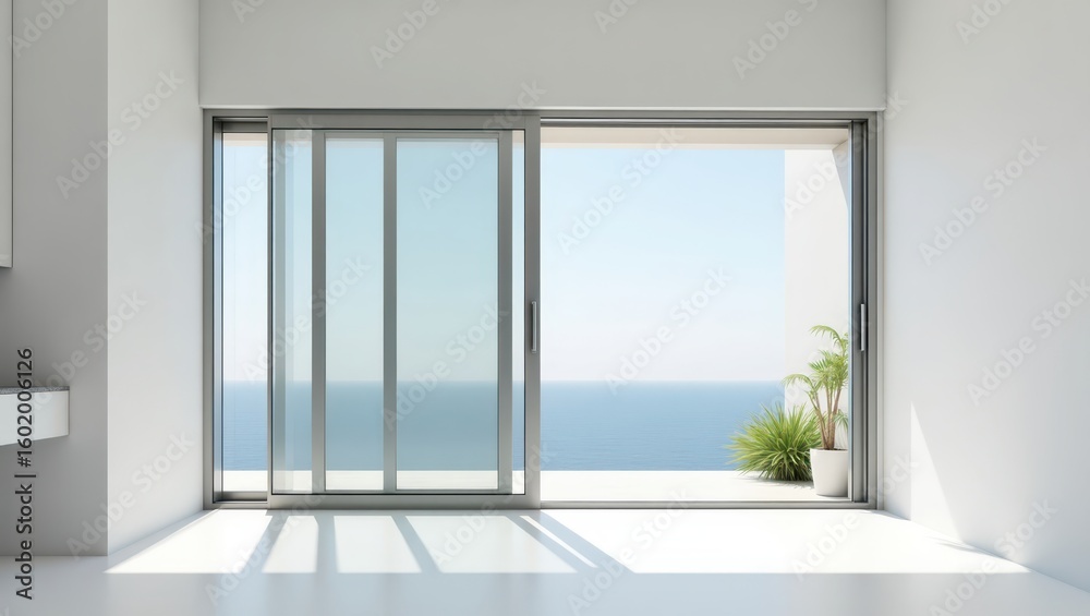 Fototapeta premium Modern interior with expansive ocean views.