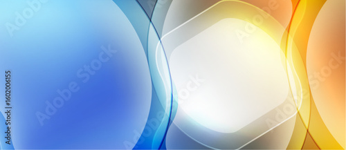 Abstract background features overlapping colorful circles. Blue, white, orange hues blend smoothly creating dynamic visual effect. Soft gradients dominate composition.