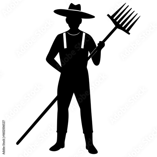 Farmer holding pitchfork agriculture worker silhouette vector illustration