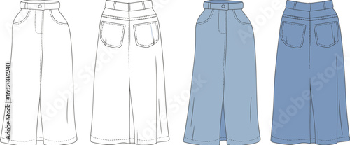 CAD flat sketch of denim midi skirt with pockets, front and back view, technical fashion illustration for apparel design template