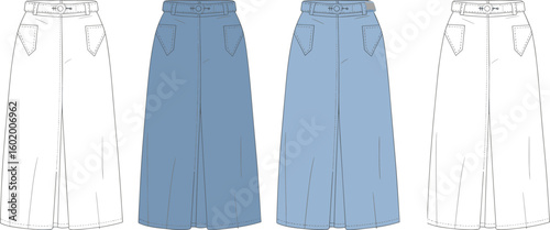 CAD flat sketch of belted denim midi skirt with pockets, front and back view, technical fashion illustration template for apparel design