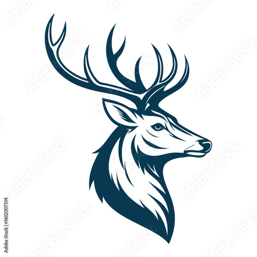 A minimalist deer iconic logo design Black and white illustration, deer head silhouette, majestic antlers, minimalist design, elegant profile, stylized wildlife art, sharp contrast, vector graphic	
