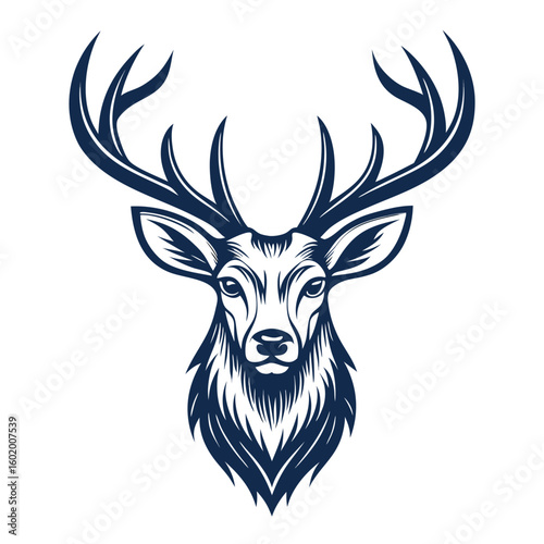 A minimalist deer iconic logo design Black and white illustration, deer head silhouette, majestic antlers, minimalist design, elegant profile, stylized wildlife art, sharp contrast, vector graphic	
