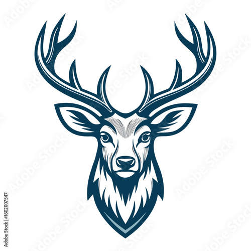 A minimalist deer iconic logo design Black and white illustration, deer head silhouette, majestic antlers, minimalist design, elegant profile, stylized wildlife art, sharp contrast, vector graphic	
