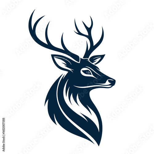 A minimalist deer iconic logo design Black and white illustration, deer head silhouette, majestic antlers, minimalist design, elegant profile, stylized wildlife art, sharp contrast, vector graphic	
