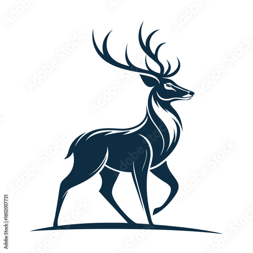 A minimalist deer iconic logo design Black and white illustration, deer head silhouette, majestic antlers, minimalist design, elegant profile, stylized wildlife art, sharp contrast, vector graphic	
