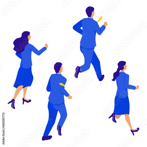走るビジネスパーソンたちのイラスト（チームワーク・挑戦・成長）