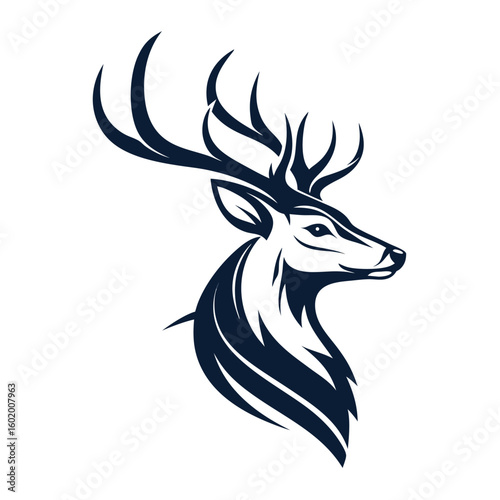 A minimalist deer iconic logo design Black and white illustration, deer head silhouette, majestic antlers, minimalist design, elegant profile, stylized wildlife art, sharp contrast, vector graphic	
