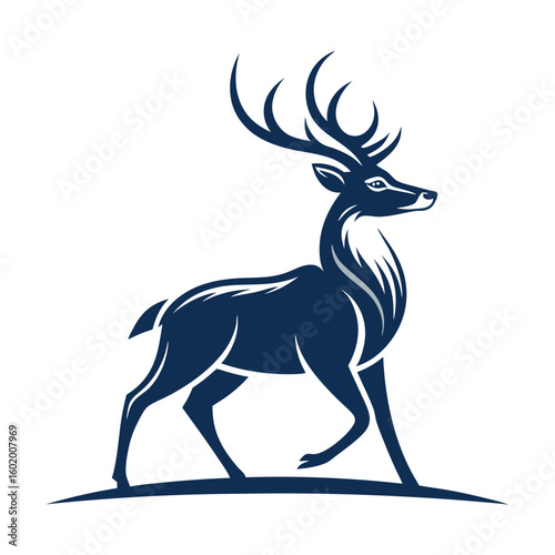 A minimalist deer iconic logo design Black and white illustration, deer head silhouette, majestic antlers, minimalist design, elegant profile, stylized wildlife art, sharp contrast, vector graphic	
