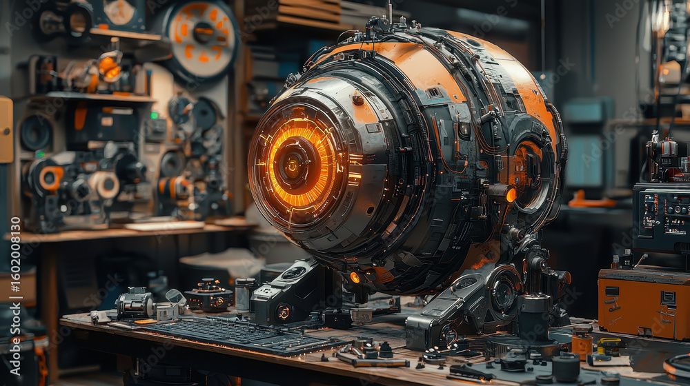 Fototapeta premium Biopunk prop maker creates glowing biomechanical accessories in a cluttered creative studio