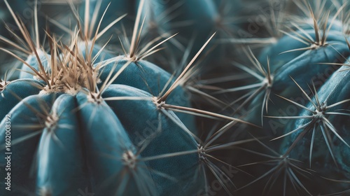 Close-up view of a spiky, teal-toned cactus.