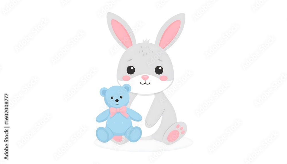 Obraz premium Cute gray rabbit with blue teddy bear