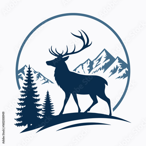 A minimalist deer iconic logo design Black and white illustration, deer head silhouette, majestic antlers, minimalist design, elegant profile, stylized wildlife art, sharp contrast, vector graphic	
