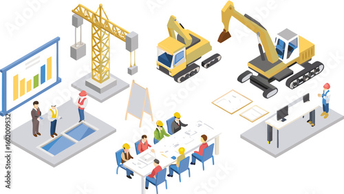 Isometric construction site scene showing a crane excavators meeting and office environment in detail