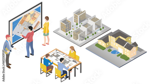 Isometric view of architects discussing building plans and designs in a collaborative environment setting