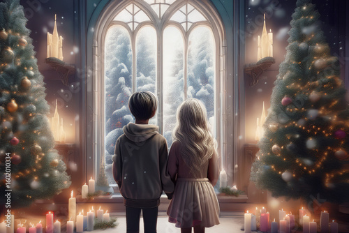 教会を訪れたカップル　クリスマスツリー