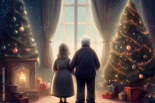 風景を眺める夫婦　クリスマスツリー