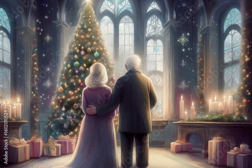 風景を眺める夫婦　クリスマスツリー