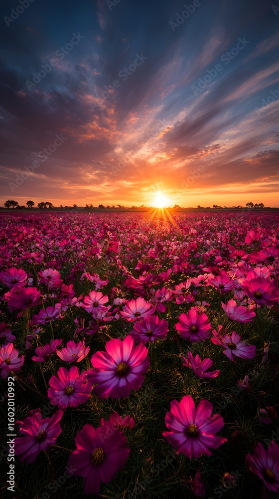Obraz premium Pink and purple hues paint the sky over a summer meadow, merging with the distant sunset over the sea