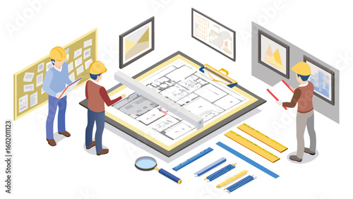 Isometric view of architects reviewing blueprints with tools and wall displays in the background