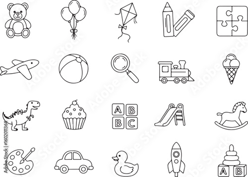 Childhood and playtime icon set, educational and toy graphics, fun activity symbols for apps, packaging, posters, infographics, branding, web, tutorials, and learning
