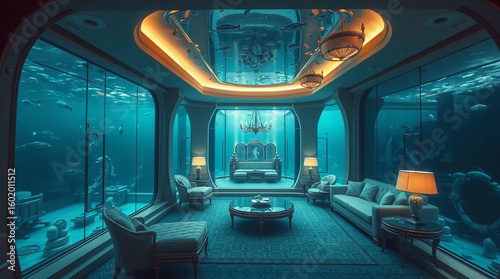 Underwater living room ocean view aquarium design luxury interior blue water fish tank home decor style