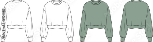 Cropped sweatshirt fashion flat sketch, front back view, bishop sleeve pullover, crew neck top, cozy casual women’s clothing design