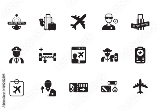 Airport Travel Icon Set Collection Featuring Airplanes Luggage and Security Checkpoints in Detailed Black and White Design