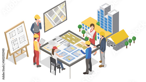 Isometric view showing a group of architects discussing plans around a table with buildings nearby